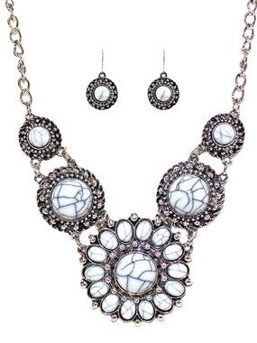 White large boho bead necklace an earring set with black stone crackle look New